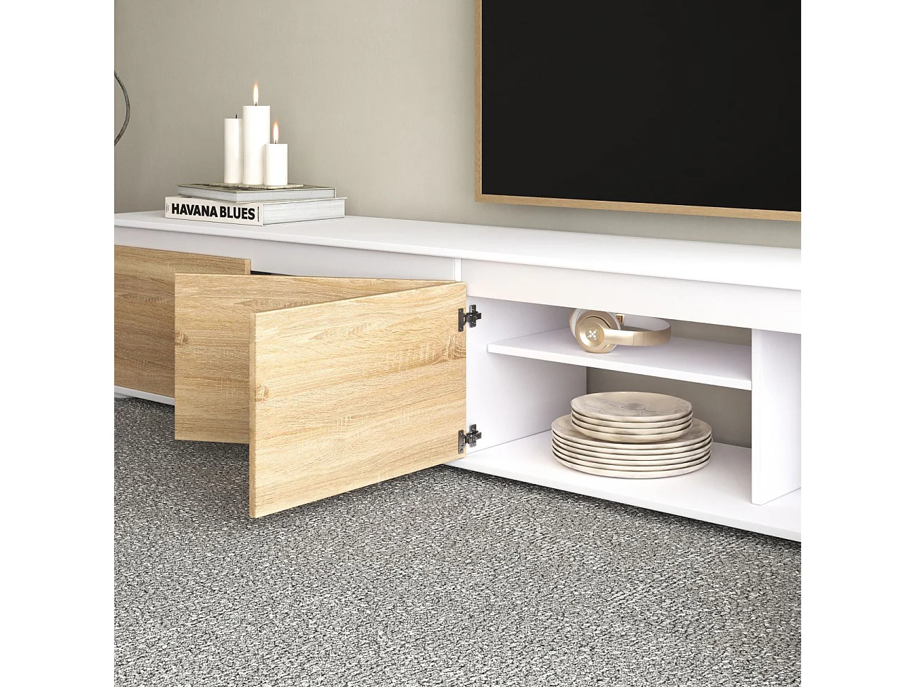 Pack salón con mesa de centro y mesa de comedor Arlet Max V2B Blanco Artik (Blanco Mate) - Roble Canadian