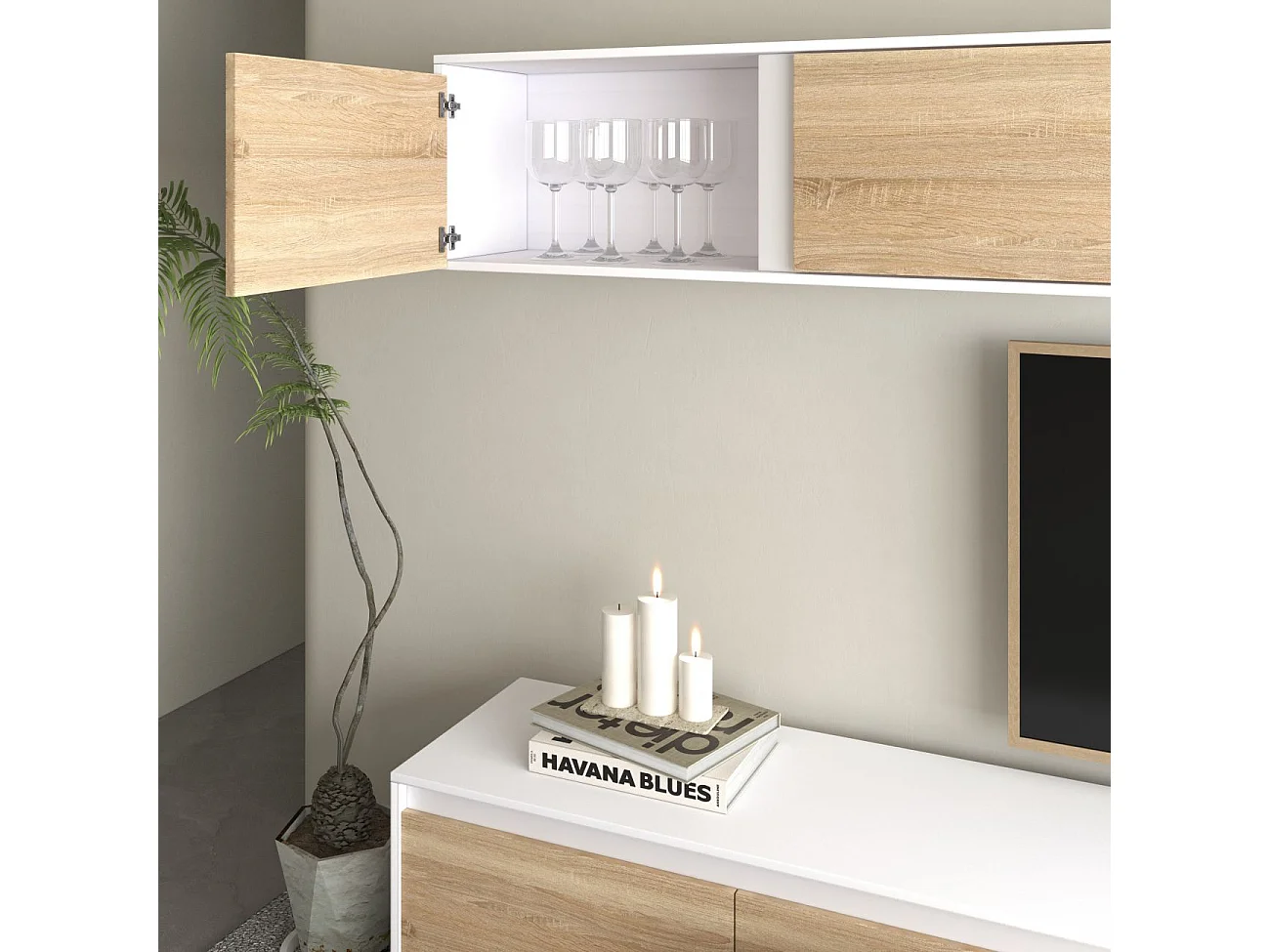 Pack salón con mesa de centro y mesa de comedor Arlet Max V2B Blanco Artik (Blanco Mate) - Roble Canadian