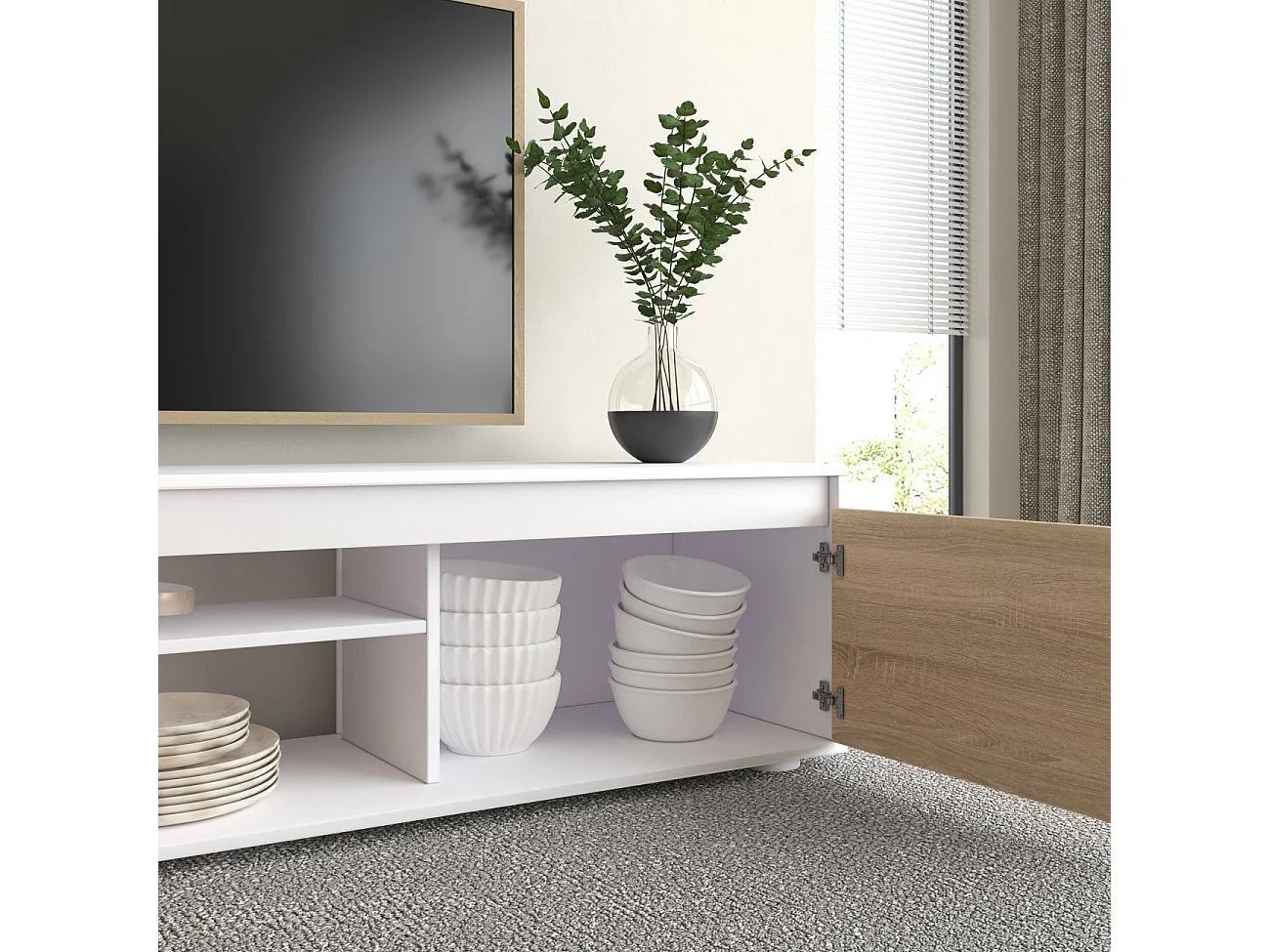 Pack salón con mesa de centro y mesa de comedor Arlet Max V2B Blanco Artik (Blanco Mate) - Roble Canadian