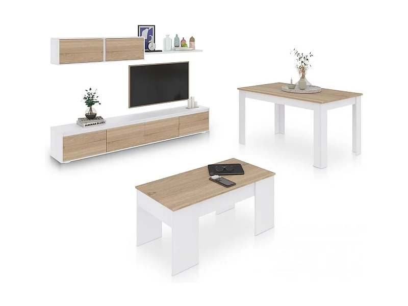 Pack salón con mesa de centro y mesa de comedor Arlet Max V2B Blanco Artik (Blanco Mate) - Roble Canadian