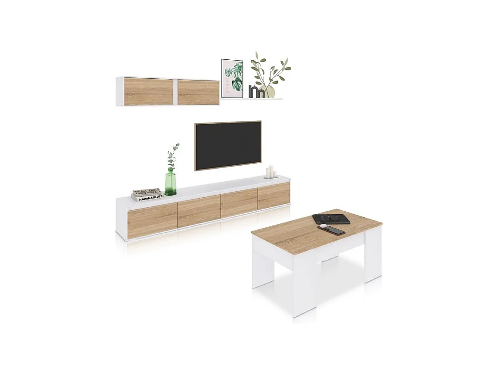 Pack salón con mesa de centro Arlet Plus V2 Blanco Artik (Blanco Mate) - Roble Canadian