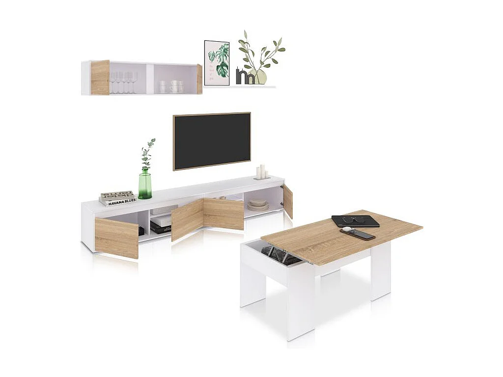 Pack salón con mesa de centro Arlet Plus V2 Blanco Artik (Blanco Mate) - Roble Canadian