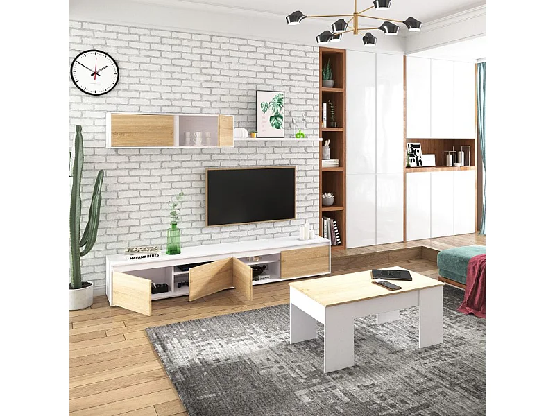 Pack salón con mesa de centro Arlet Plus V2 Blanco Artik (Blanco Mate) - Roble Canadian