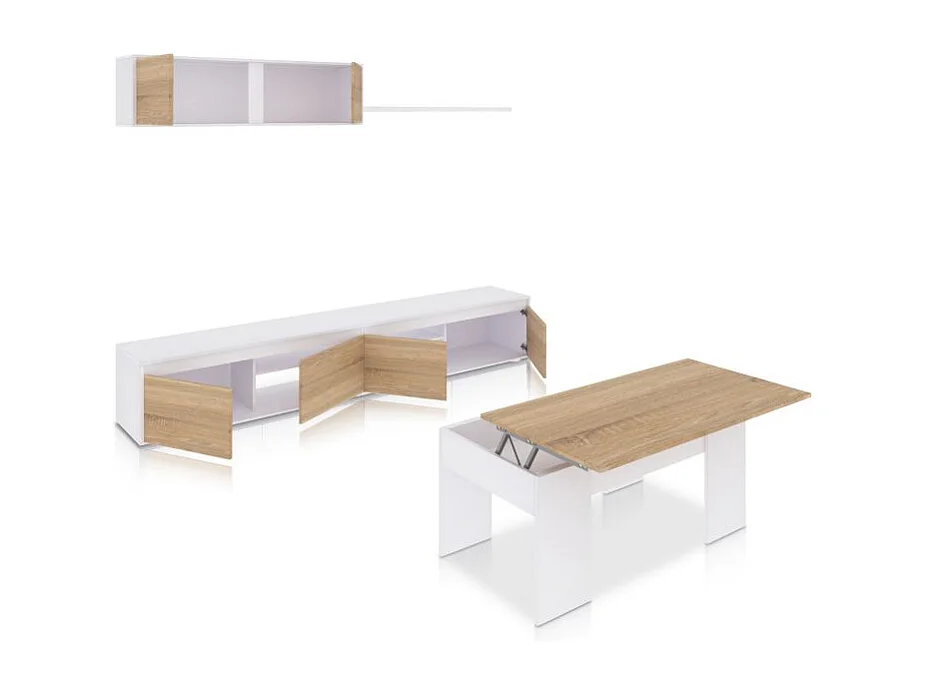 Pack salón con mesa de centro Arlet Plus V2 Blanco Artik (Blanco Mate) - Roble Canadian