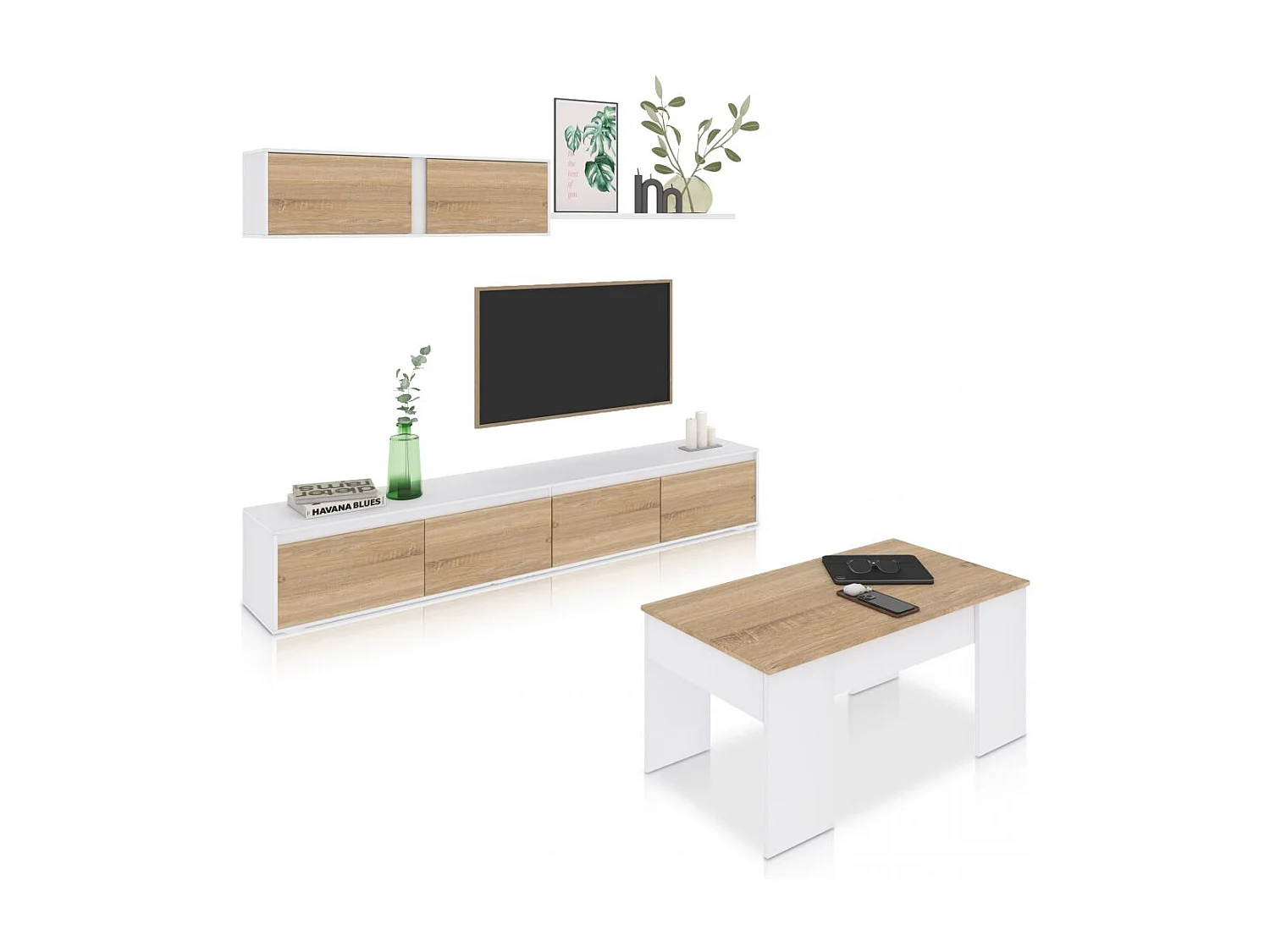 Pack salón con mesa de centro Arlet Plus V2 Blanco Artik (Blanco Mate) - Roble Canadian