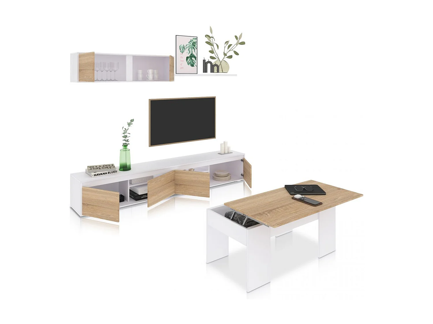 Pack salón con mesa de centro Arlet Plus V2 Blanco Artik (Blanco Mate) - Roble Canadian