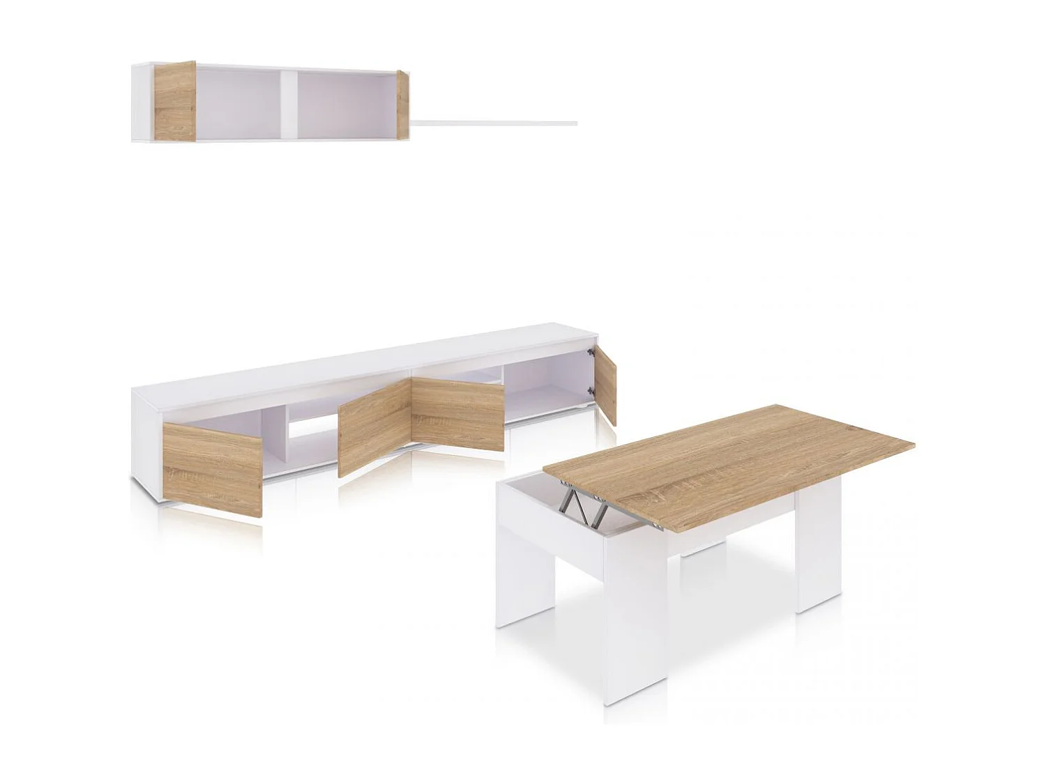 Pack salón con mesa de centro Arlet Plus V2 Blanco Artik (Blanco Mate) - Roble Canadian