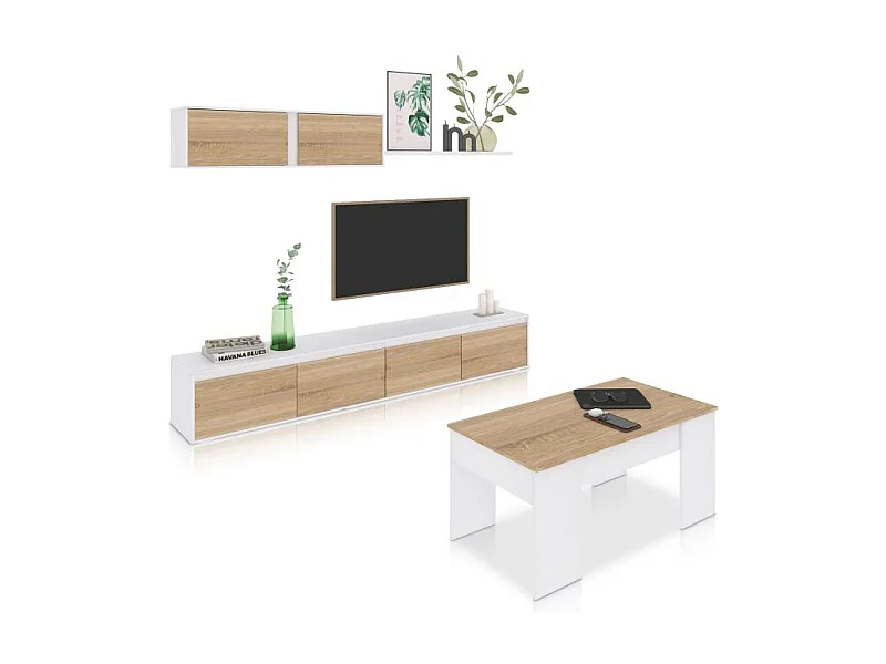 Pack salón con mesa de centro Arlet Plus V2 Blanco Artik (Blanco Mate) - Roble Canadian