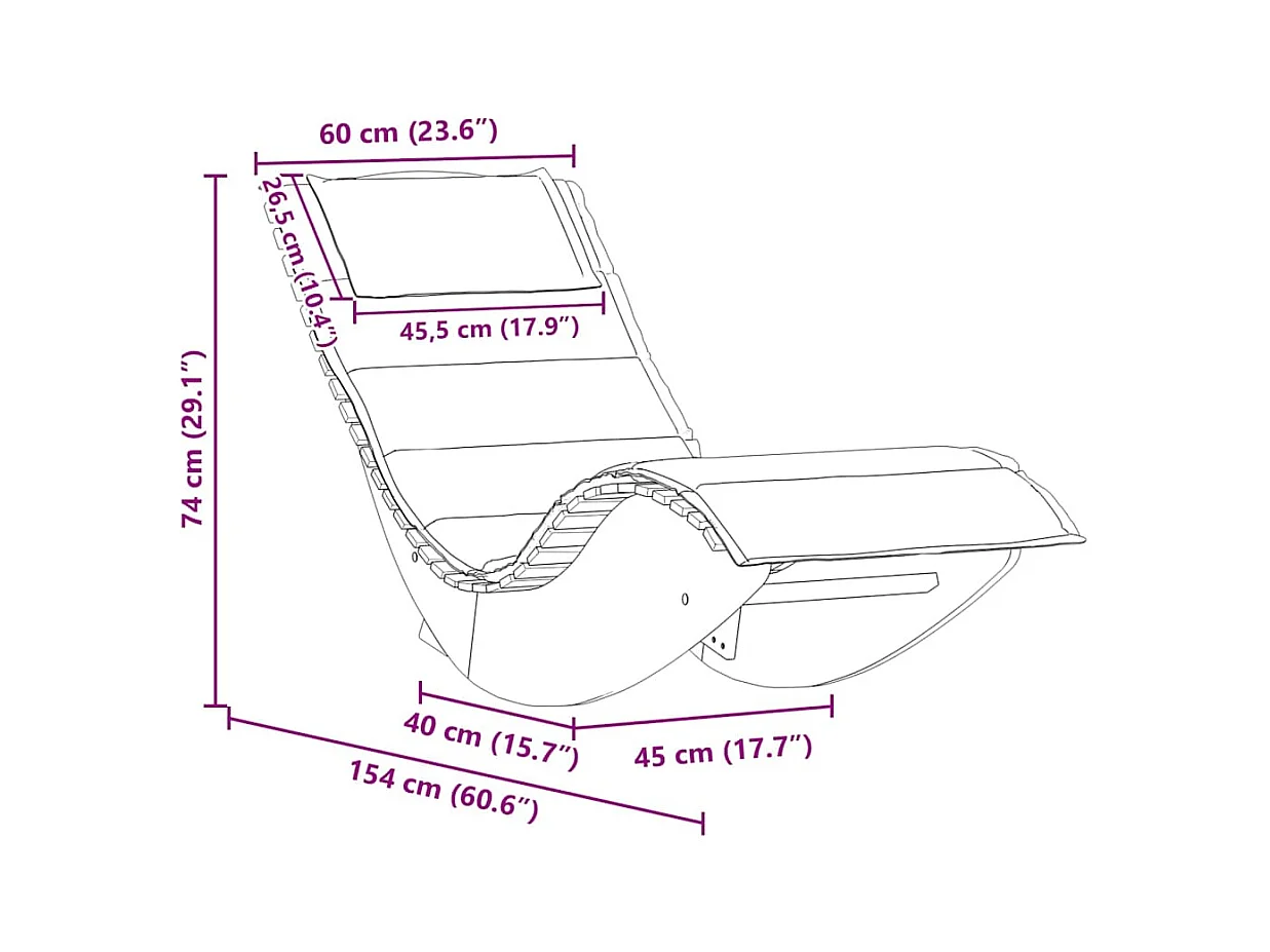 Chaise longue à bascule avec coussin en bois massif d'acacia