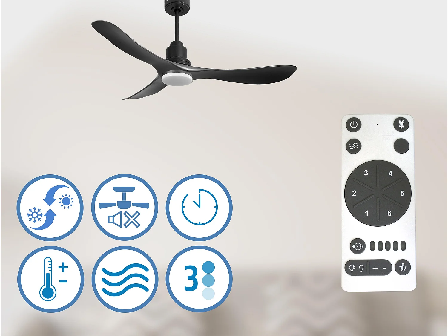 Ventilateur de plafond Réversible  Thermostat Dimmable Wifi Moteur à courant continu Toits en pente Télécommande Lumière à trois tons Hypersilence Mémoire
