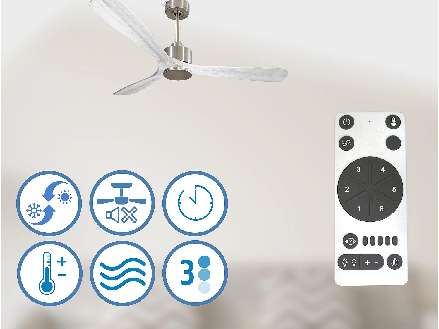 Ventilateur de plafond Réversible  Thermostat Wifi Moteur à courant continu Toits en pente Télécommande Hypersilence Mémoire