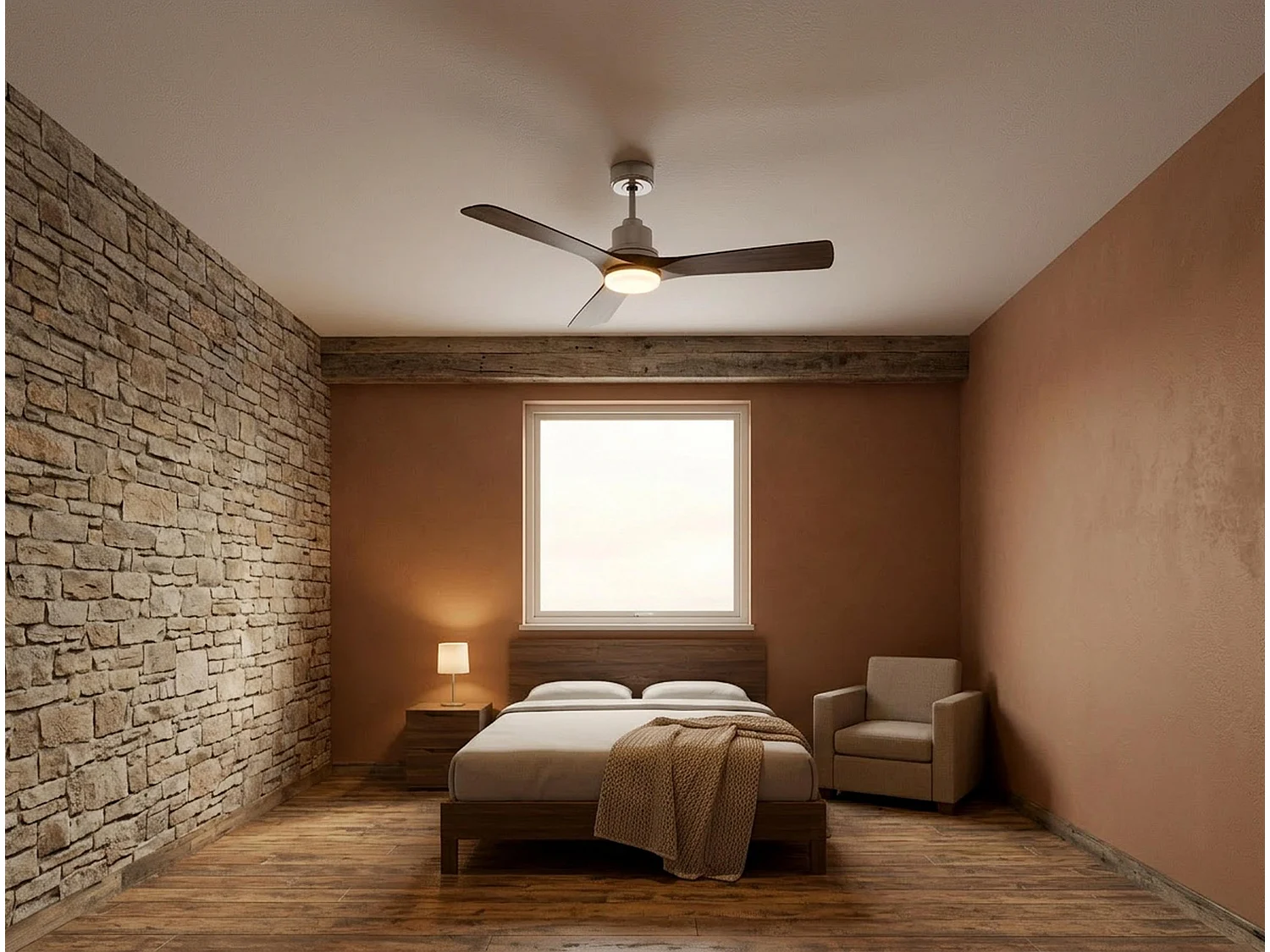 Ventilateur de plafond Réversible  Thermostat Dimmable Wifi Moteur à courant continu Toits en pente Télécommande Lumière à trois tons Hypersilence Mémoire