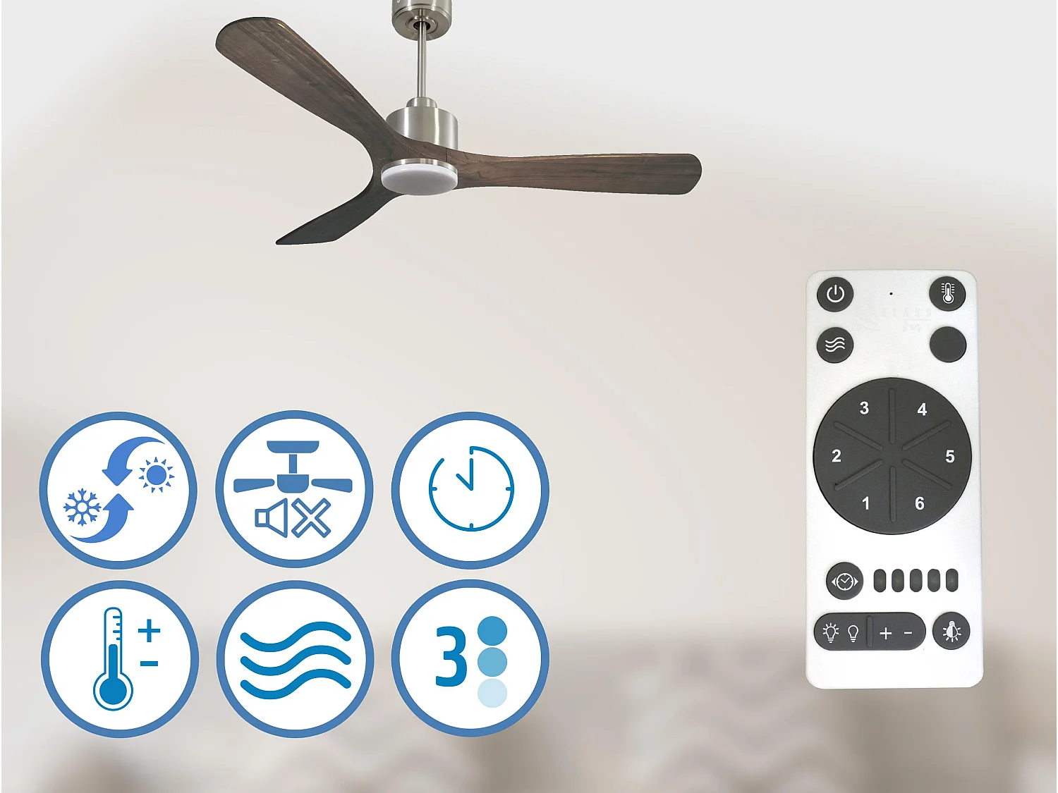 Ventilateur de plafond Réversible  Thermostat Dimmable Wifi Moteur à courant continu Toits en pente Télécommande Lumière à trois tons Hypersilence Mémoire