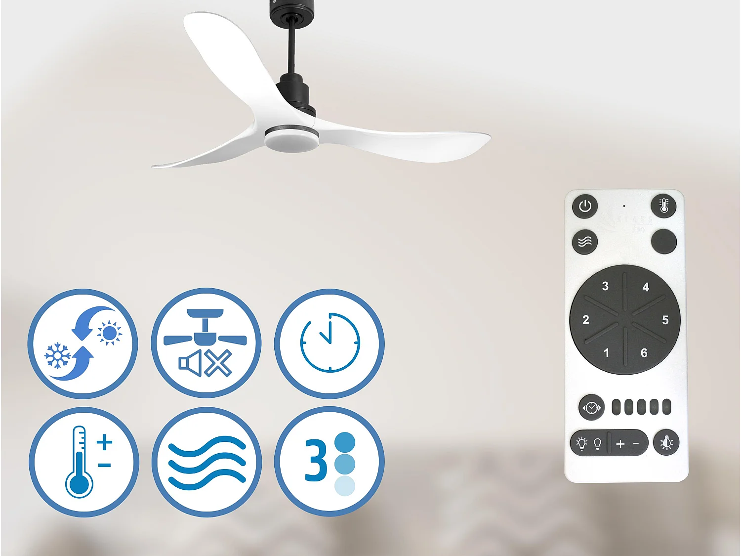 Ventilateur de plafond Réversible  Thermostat Dimmable Wifi Moteur à courant continu Toits en pente Télécommande Lumière à trois tons Hypersilence Mémoire