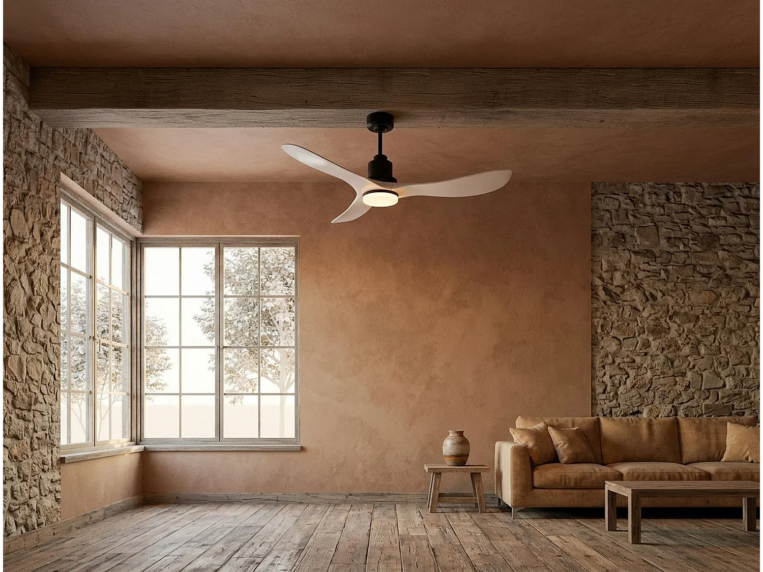Ventilateur de plafond Réversible  Thermostat Dimmable Wifi Moteur à courant continu Toits en pente Télécommande Lumière à trois tons Hypersilence Mémoire
