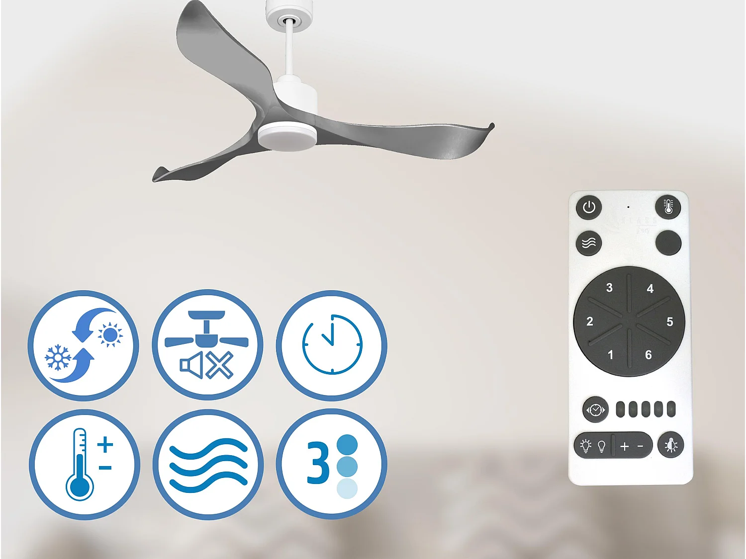 Ventilateur de plafond Réversible  Thermostat Dimmable Wifi Moteur à courant continu Toits en pente Télécommande Lumière à trois tons Mémoire
