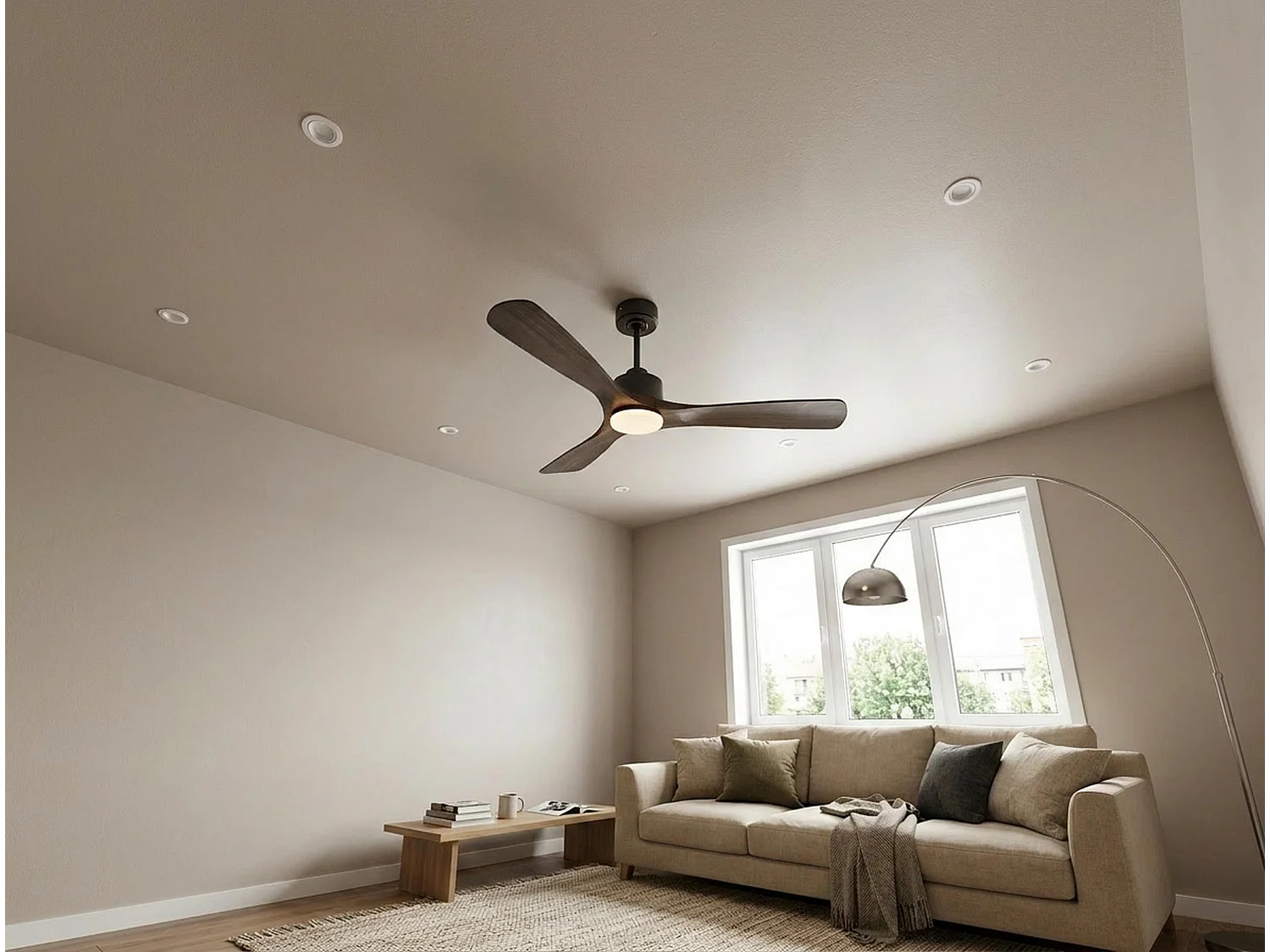 Ventilateur de plafond Réversible  Thermostat Dimmable Wifi Moteur à courant continu Toits en pente Télécommande Lumière à trois tons Hypersilence Mémoire