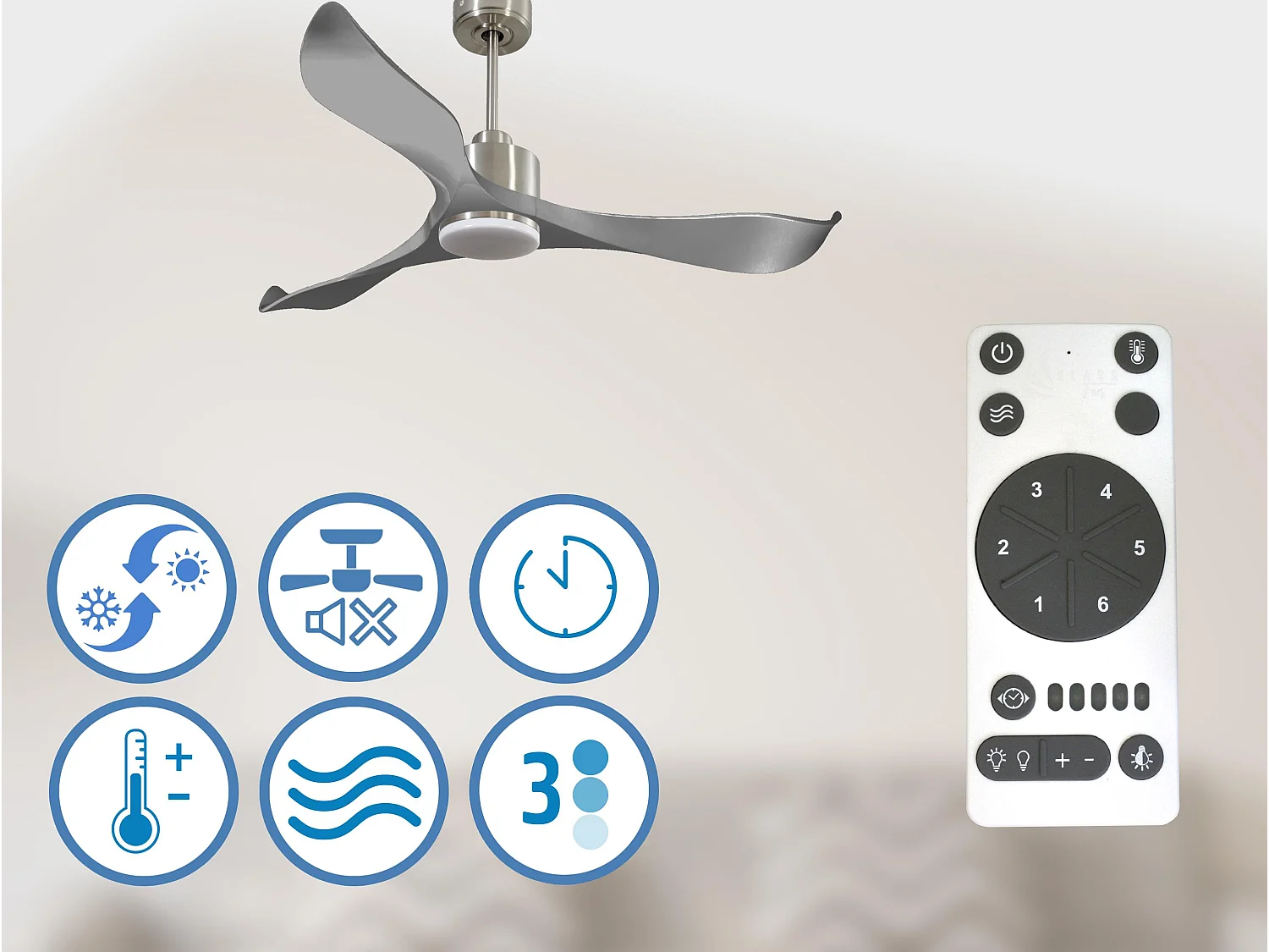 Ventilateur de plafond Réversible  Thermostat Dimmable Wifi Moteur à courant continu Toits en pente Télécommande Lumière à trois tons Mémoire