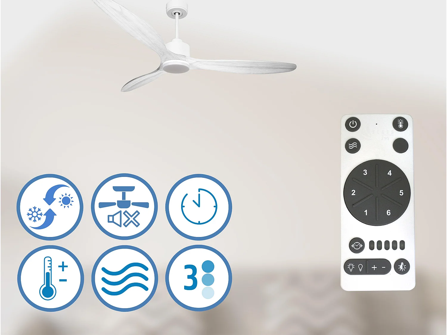 Ventilateur de plafond Réversible  Thermostat Dimmable Wifi Moteur à courant continu Toits en pente Télécommande Lumière à trois tons Hypersilence Mémoire