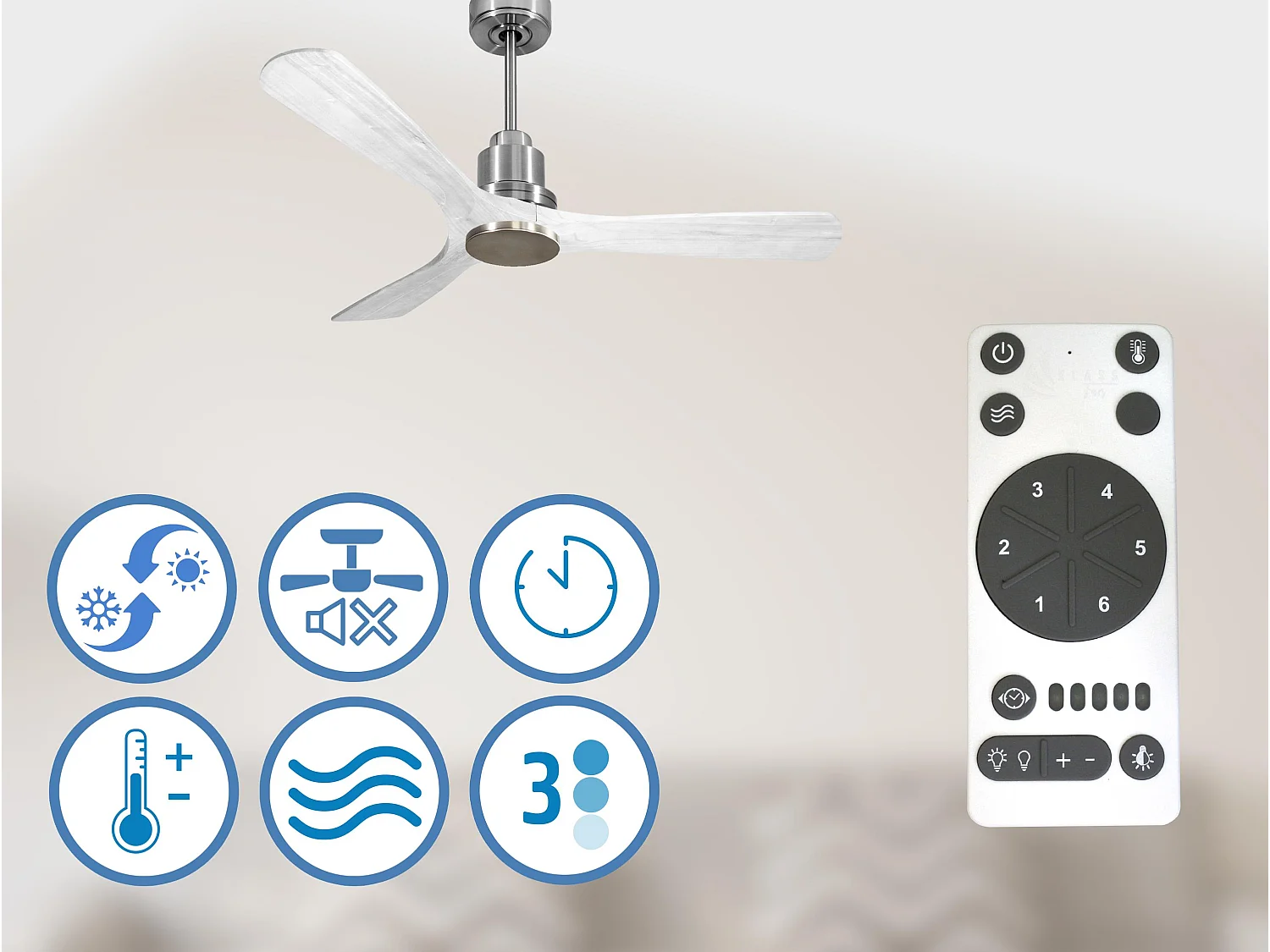 Ventilateur de plafond Réversible  Thermostat Wifi Moteur à courant continu Toits en pente Télécommande Hypersilence Mémoire Shopify Vendible (AUTOMATIQUE)