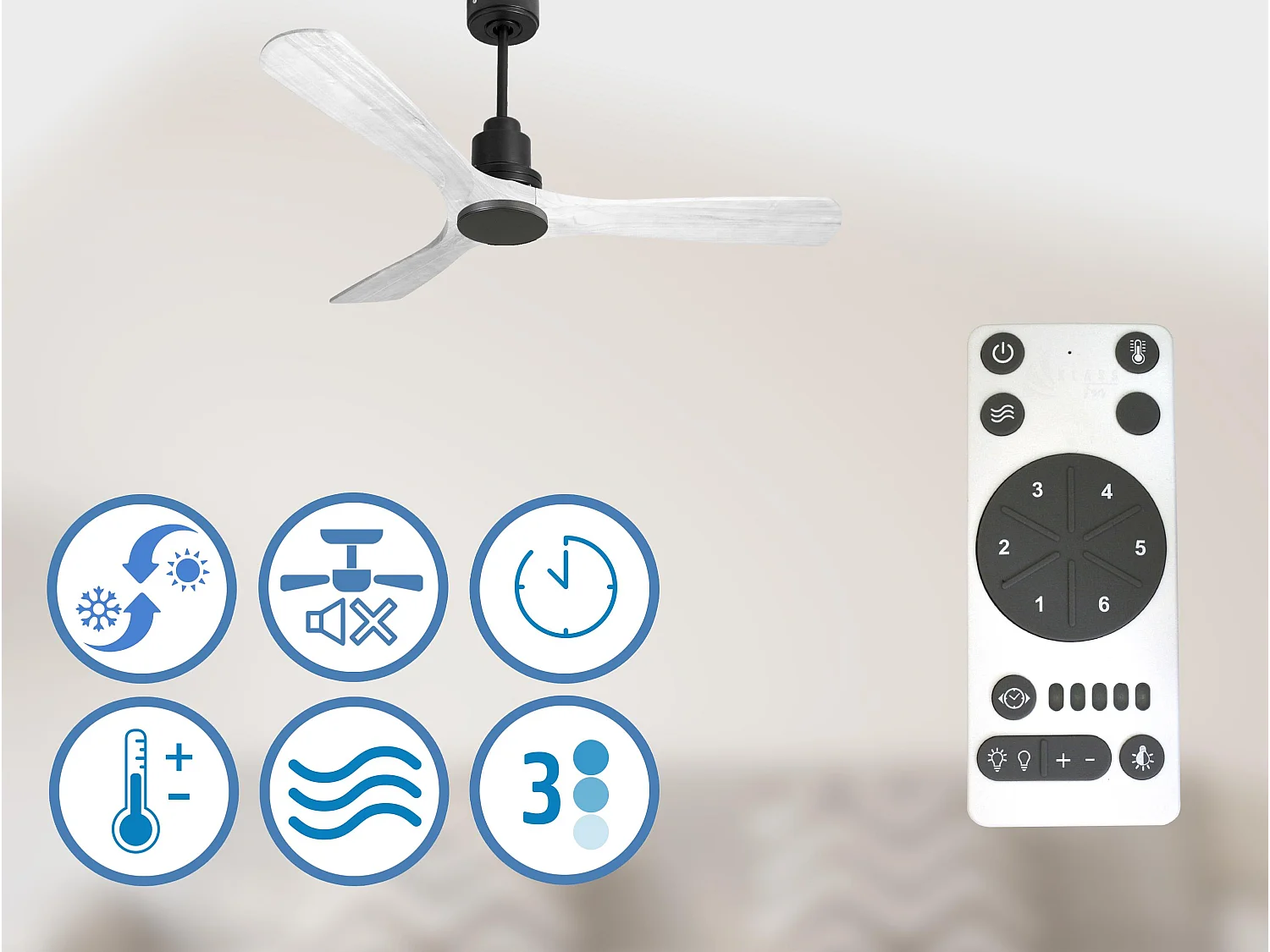 Ventilateur de plafond Réversible  Thermostat Wifi Moteur à courant continu Toits en pente Télécommande Hypersilence Mémoire Shopify Vendible (AUTOMATIQUE)
