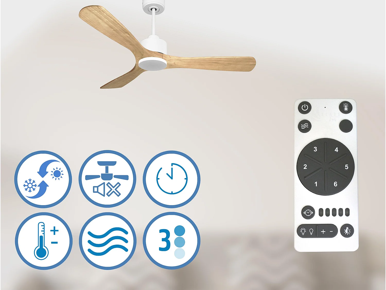 Ventilateur de plafond Réversible  Thermostat Wifi Moteur à courant continu Toits en pente Télécommande Hypersilence Mémoire
