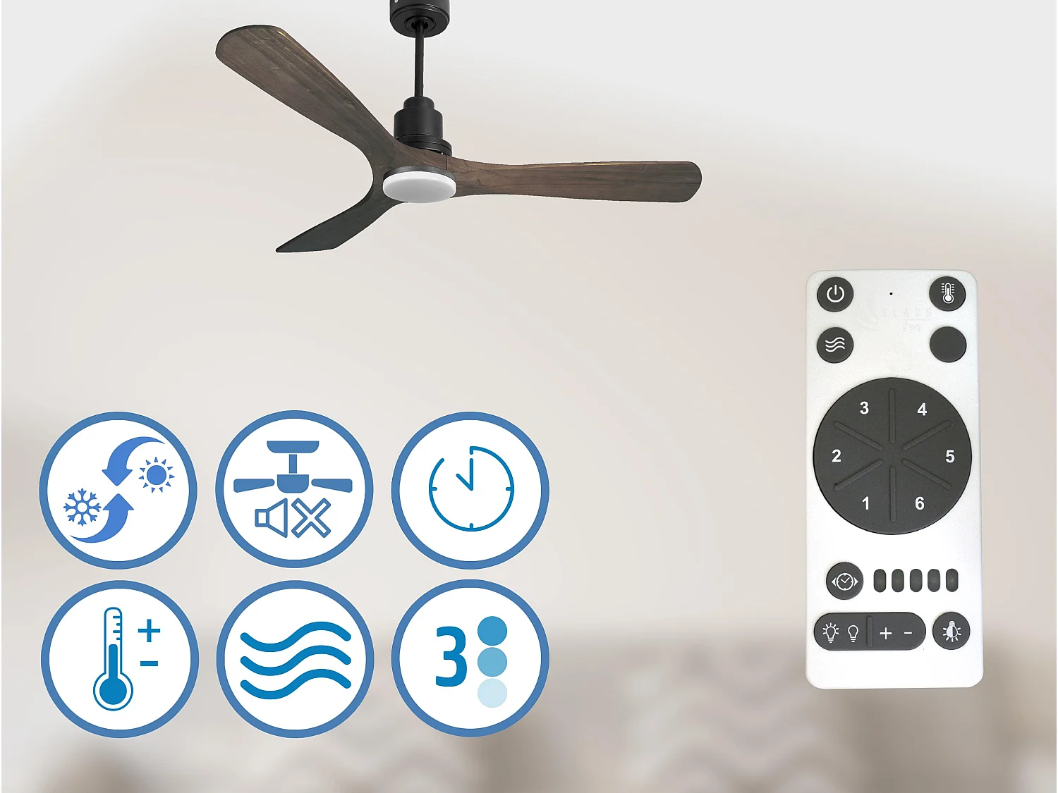 Ventilateur de plafond Réversible  Thermostat Dimmable Wifi Moteur à courant continu Toits en pente Télécommande Lumière à trois tons Hypersilence Mémoire