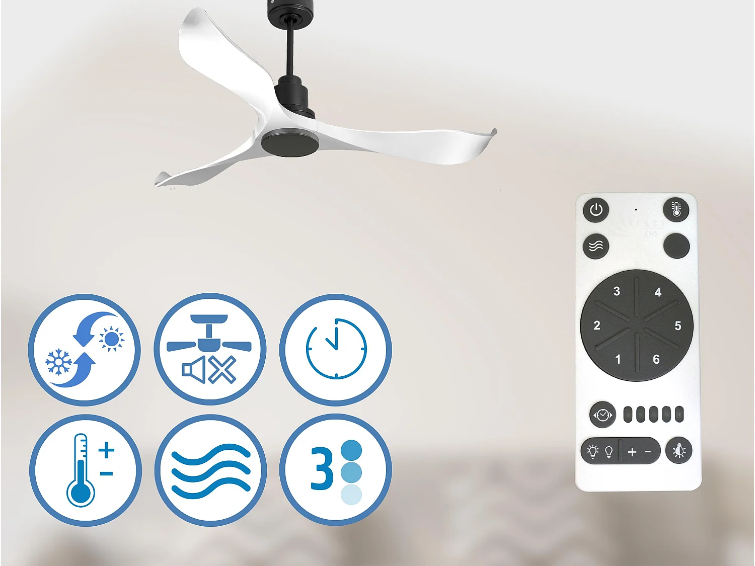 Ventilateur de plafond Réversible  Thermostat Wifi Moteur à courant continu Toits en pente Télécommande Adaptateur 2/3 Lames Hypersilence Mémoire