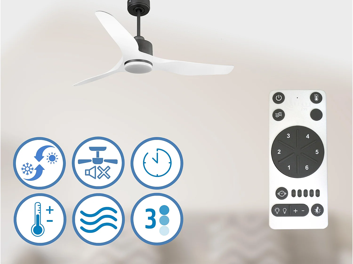 Ventilateur de plafond Réversible  Thermostat Dimmable Wifi Moteur à courant continu Toits en pente Télécommande Lumière à trois tons Adaptateur 2/3 Lames