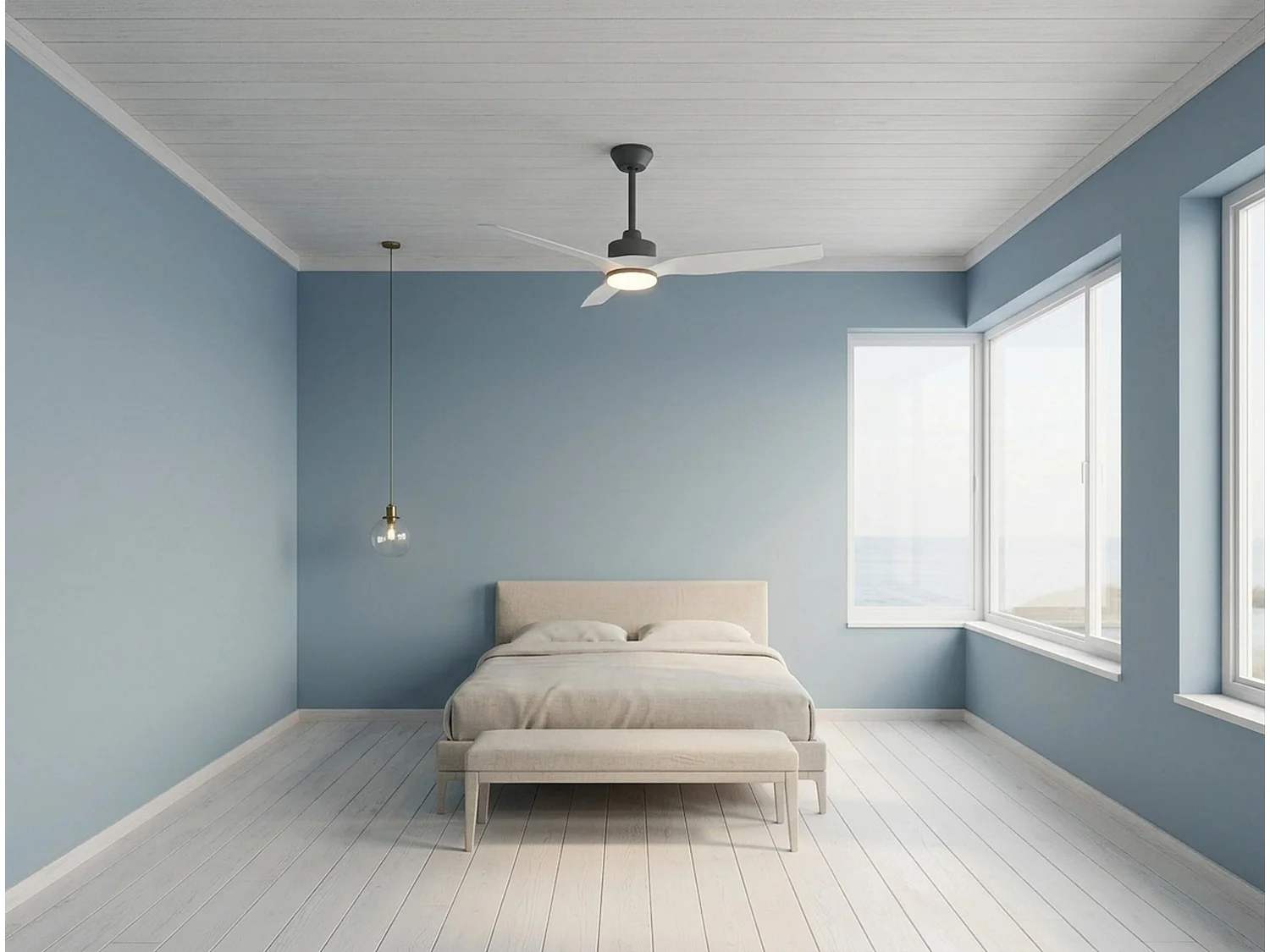 Ventilateur de plafond Réversible  Thermostat Dimmable Wifi Moteur à courant continu Toits en pente Télécommande Lumière à trois tons Adaptateur 2/3 Lames