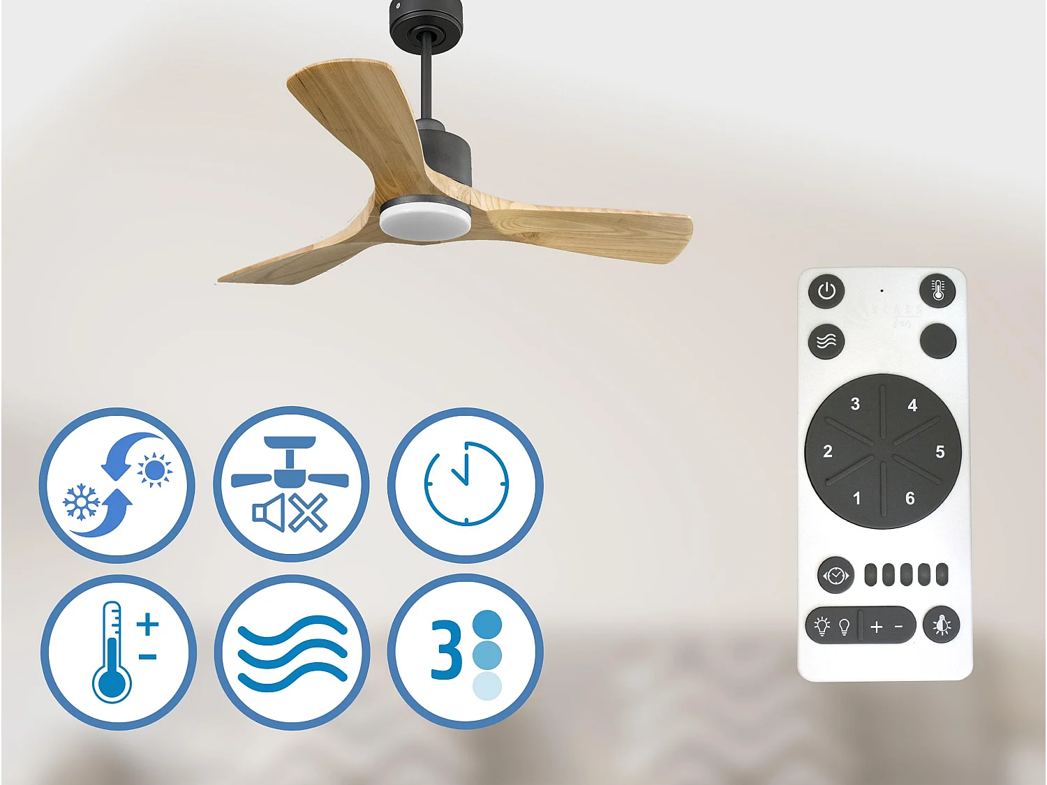 Ventilateur de plafond Réversible  Thermostat Dimmable Wifi Moteur à courant continu Toits en pente Télécommande Lumière à trois tons Hypersilence Mémoire