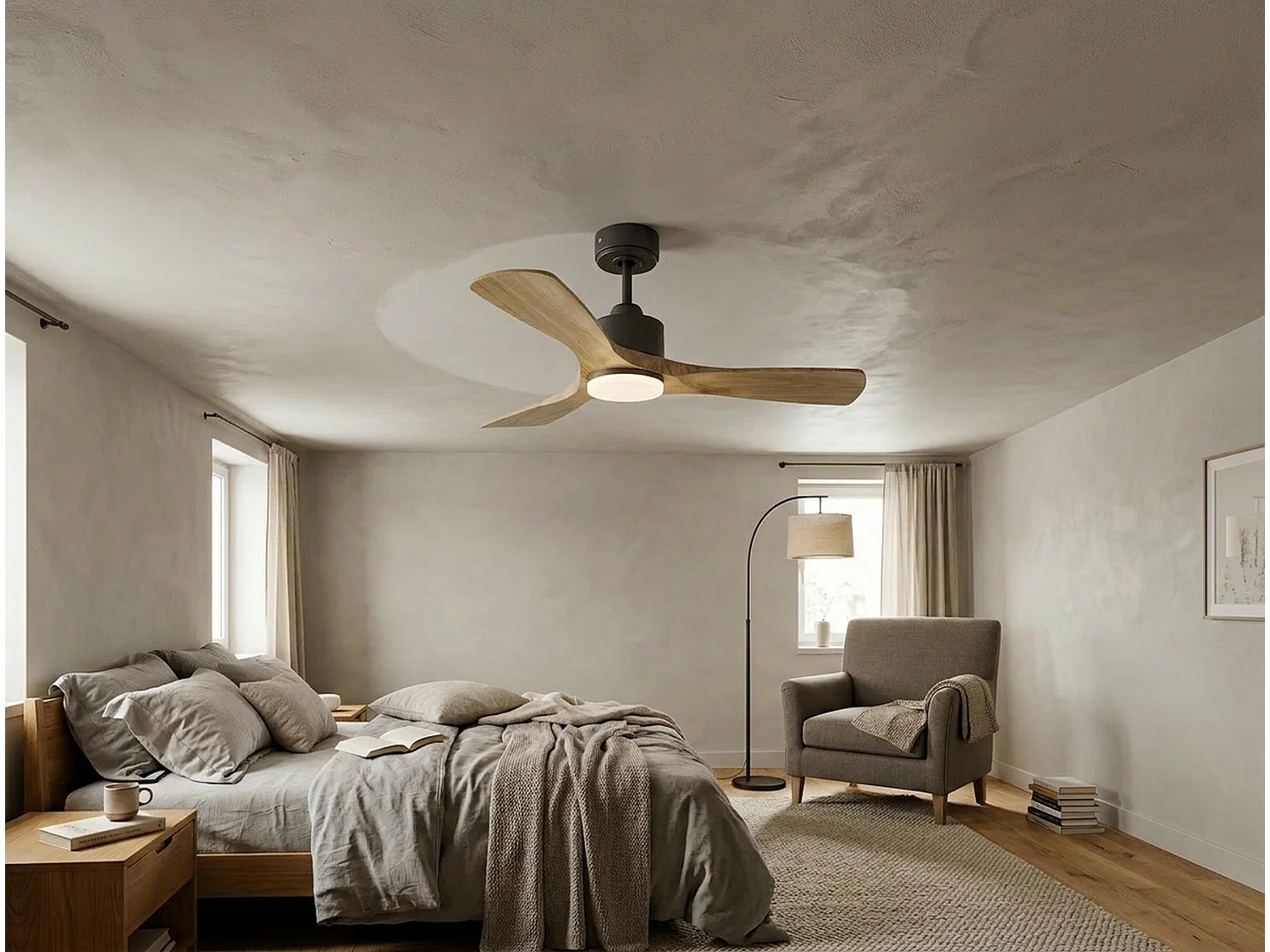 Ventilateur de plafond Réversible  Thermostat Dimmable Wifi Moteur à courant continu Toits en pente Télécommande Lumière à trois tons Hypersilence Mémoire