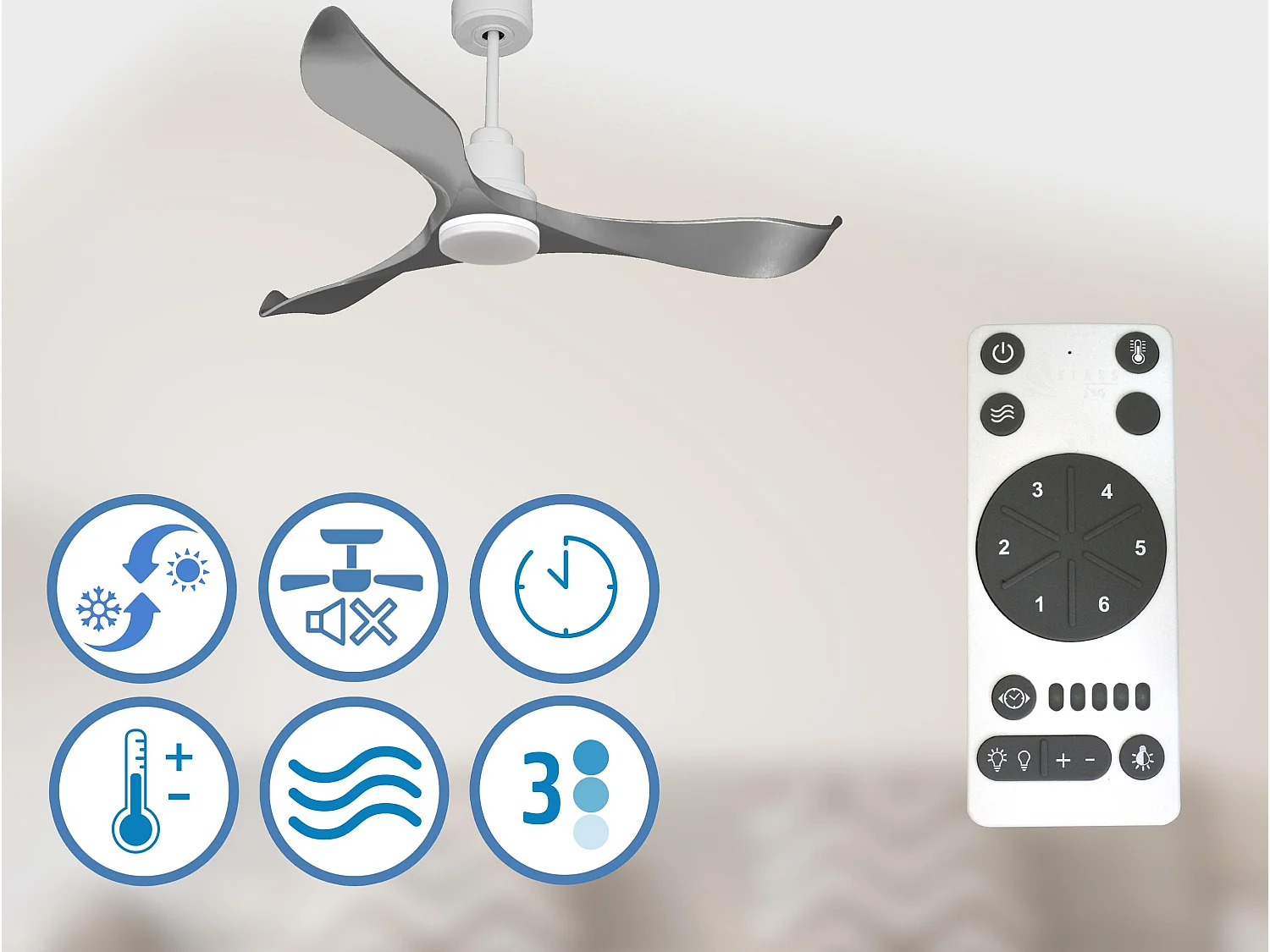 Ventilateur de plafond Réversible  Thermostat Dimmable Wifi Moteur à courant continu Toits en pente Télécommande Lumière à trois tons Mémoire