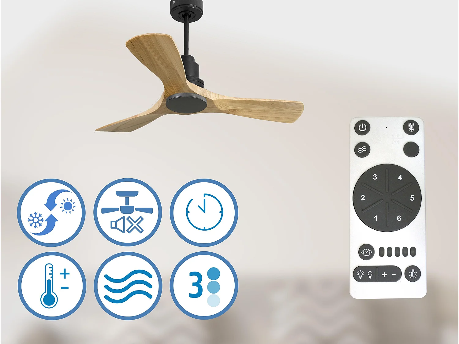 Ventilateur de plafond Réversible  Thermostat Wifi Moteur à courant continu Toits en pente Télécommande Hypersilence Mémoire