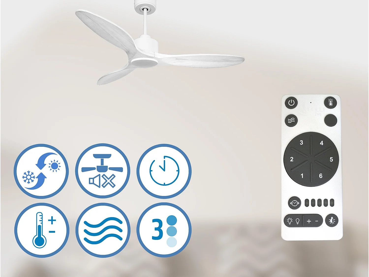 Ventilateur de plafond Réversible  Thermostat Wifi Moteur à courant continu Toits en pente Télécommande Hypersilence Mémoire