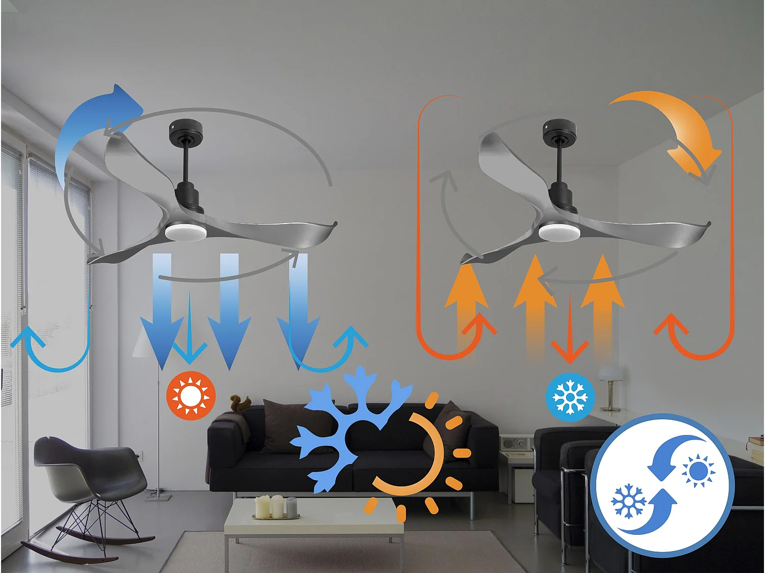 Ventilateur de plafond Réversible Thermostat Dimmable Wifi Moteur à courant continu Toits en pente Télécommande