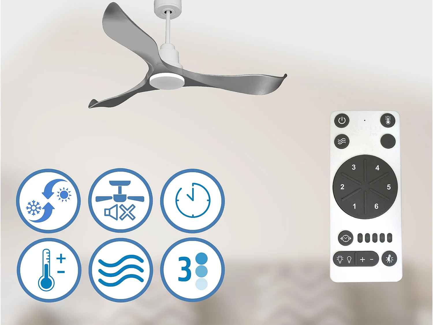 Ventilateur de plafond Réversible  Thermostat Wifi Moteur à courant continu Toits en pente Télécommande Mémoire Shopify Vendible (AUTOMATIQUE)