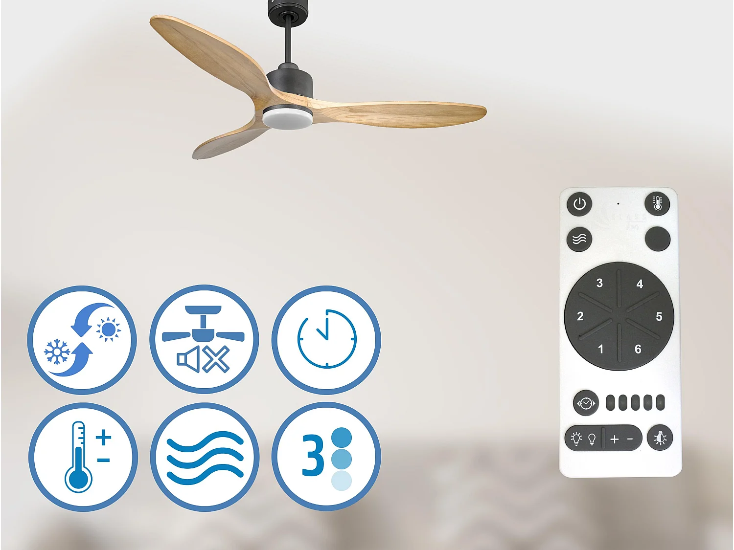 Ventilateur de plafond Réversible  Thermostat Dimmable Wifi Moteur à courant continu Toits en pente Télécommande Lumière à trois tons Hypersilence Mémoire