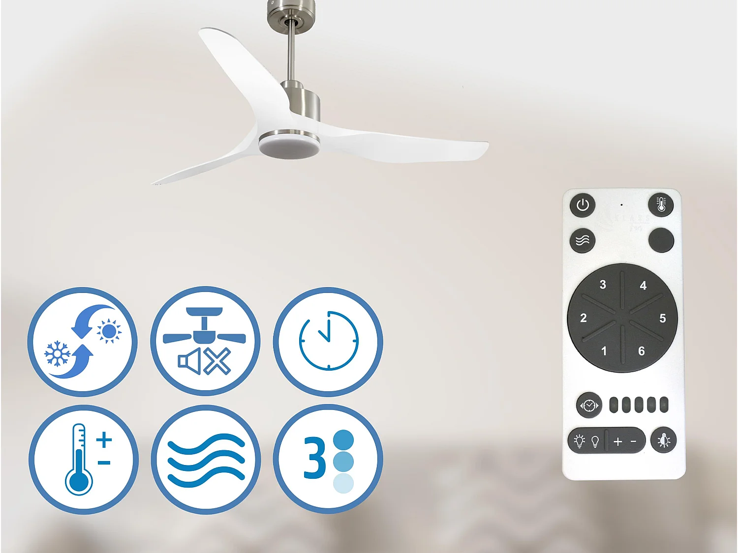 Ventilateur de plafond Réversible  Thermostat Dimmable Wifi Moteur à courant continu Toits en pente Télécommande Lumière à trois tons Adaptateur 2/3 Lames