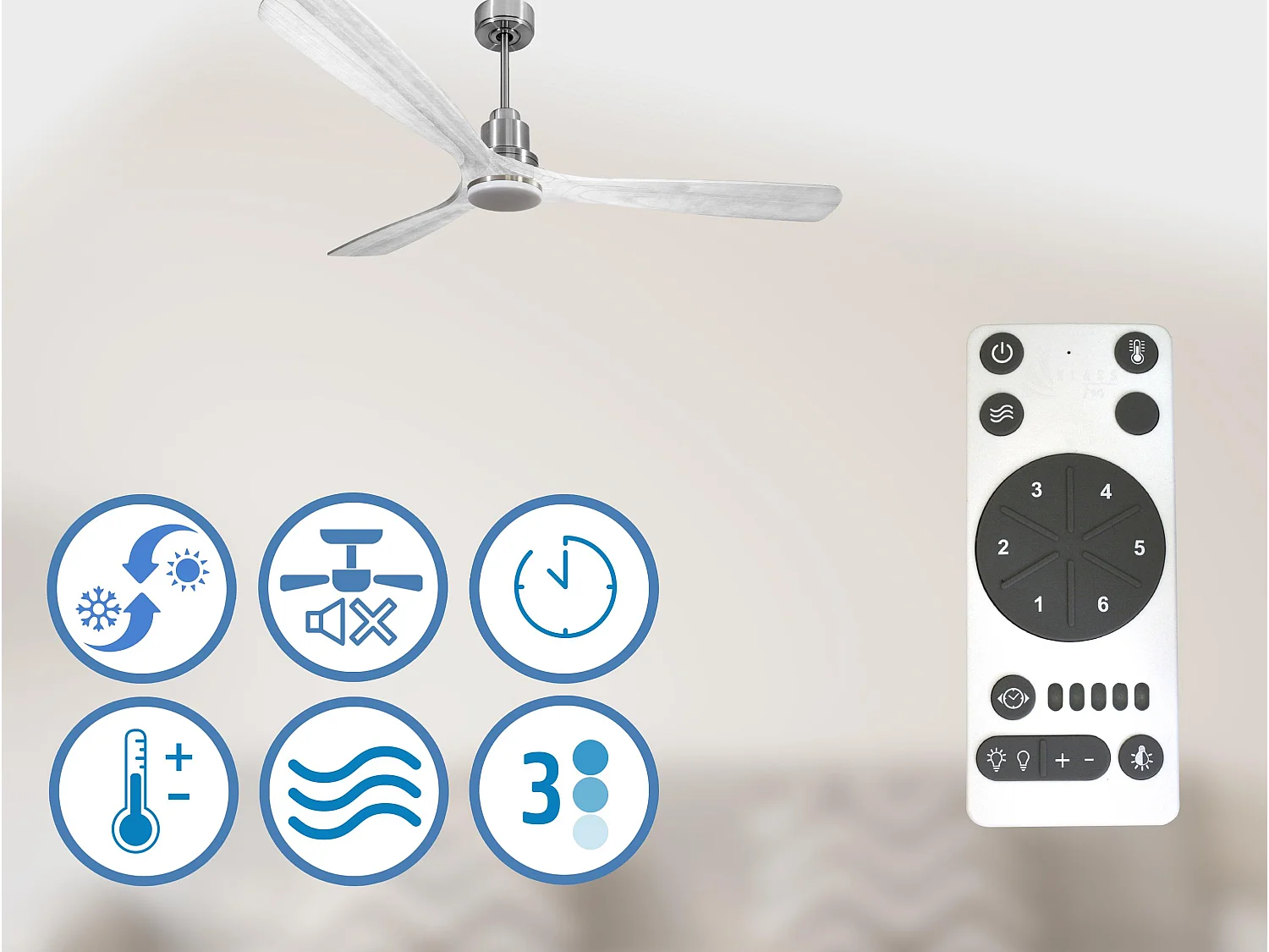 Ventilateur de plafond Réversible  Thermostat Dimmable Wifi Moteur à courant continu Toits en pente Télécommande Lumière à trois tons Hypersilence Mémoire