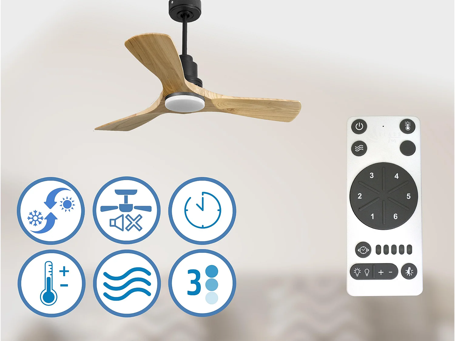 Ventilateur de plafond Réversible  Thermostat Dimmable Wifi Moteur à courant continu Toits en pente Télécommande Lumière à trois tons Hypersilence Mémoire