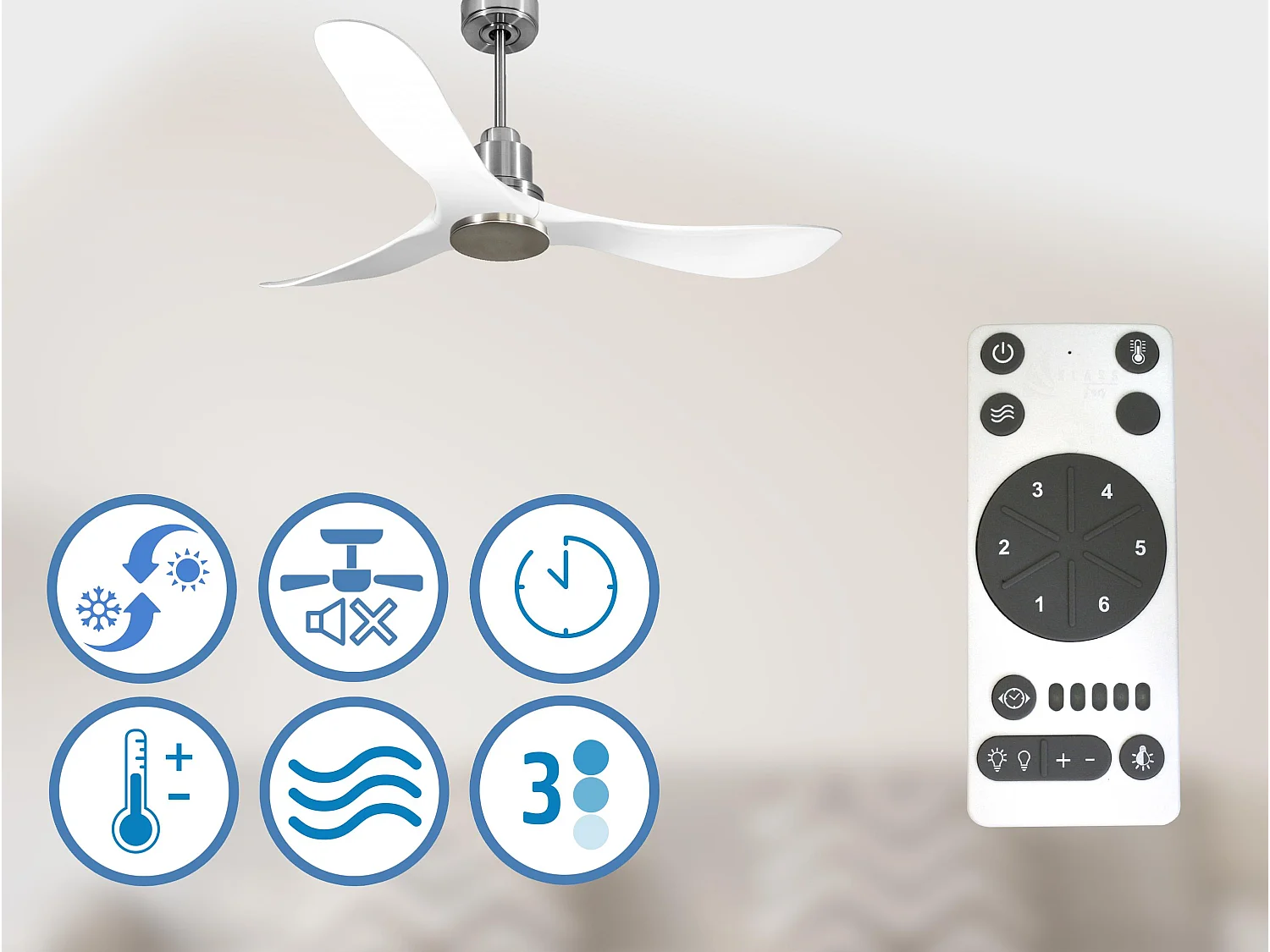 Ventilateur de plafond Réversible  Thermostat Wifi Moteur à courant continu Toits en pente Télécommande Hypersilence Mémoire Shopify Vendible (AUTOMATIQUE)