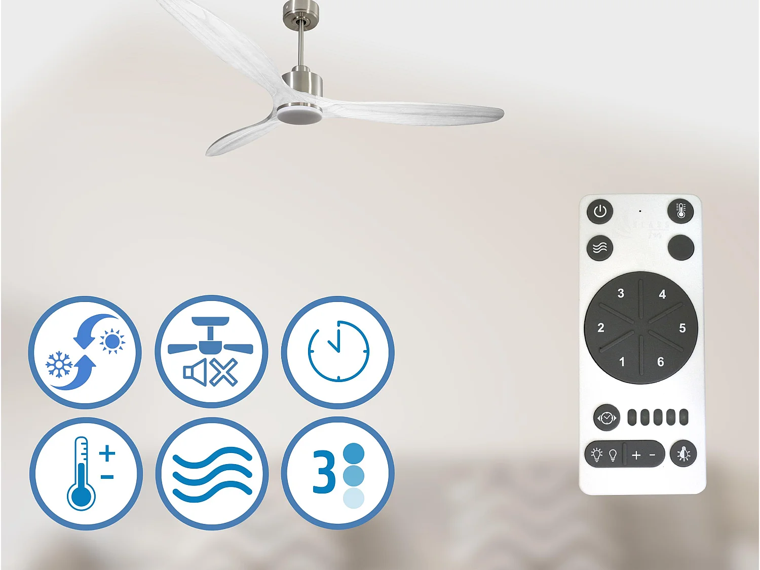 Ventilateur de plafond Réversible  Thermostat Dimmable Wifi Moteur à courant continu Toits en pente Télécommande Lumière à trois tons Hypersilence Mémoire