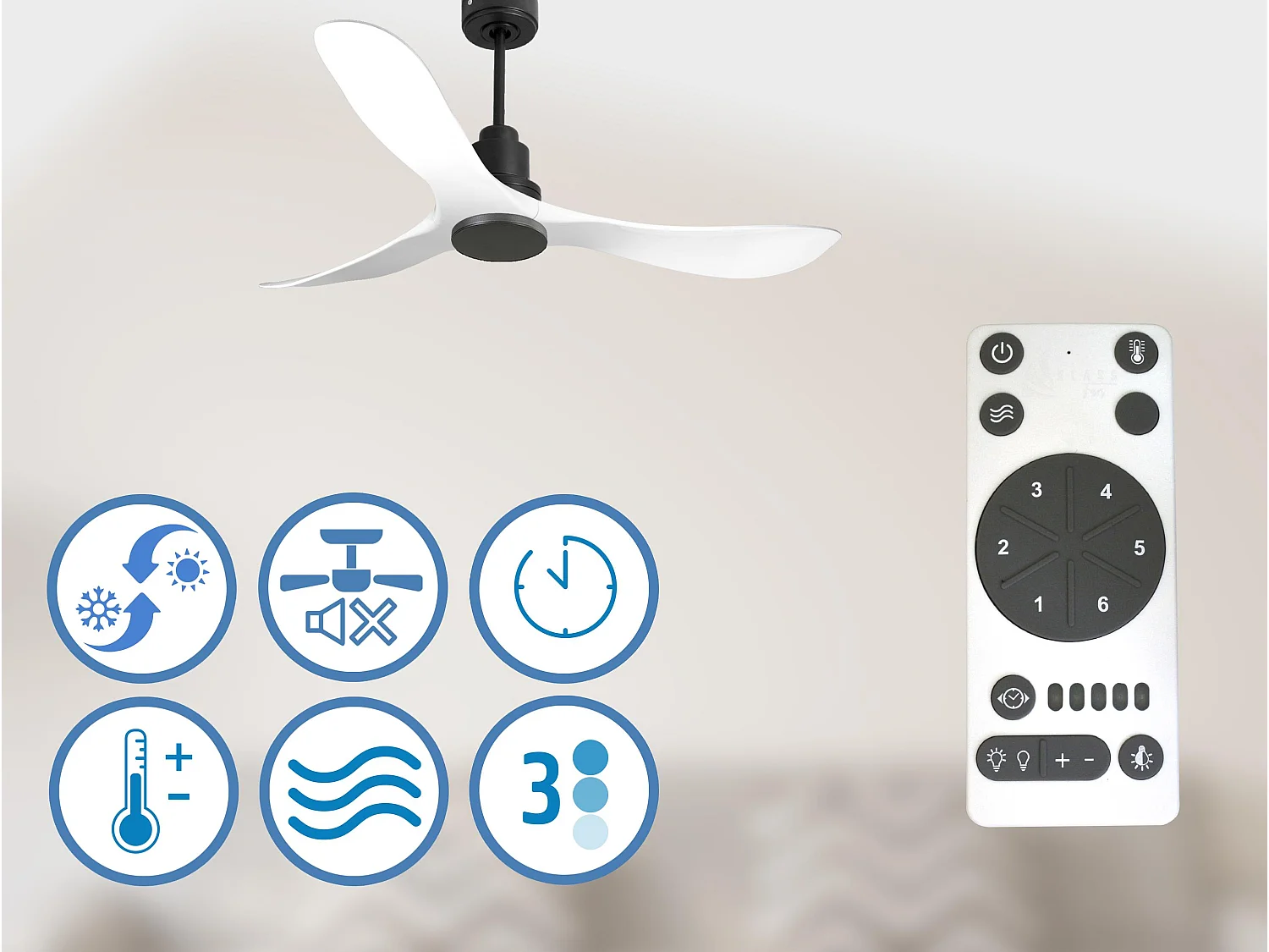 Ventilateur de plafond Réversible  Thermostat Wifi Moteur à courant continu Toits en pente Télécommande Hypersilence Mémoire Shopify Vendible (AUTOMATIQUE)