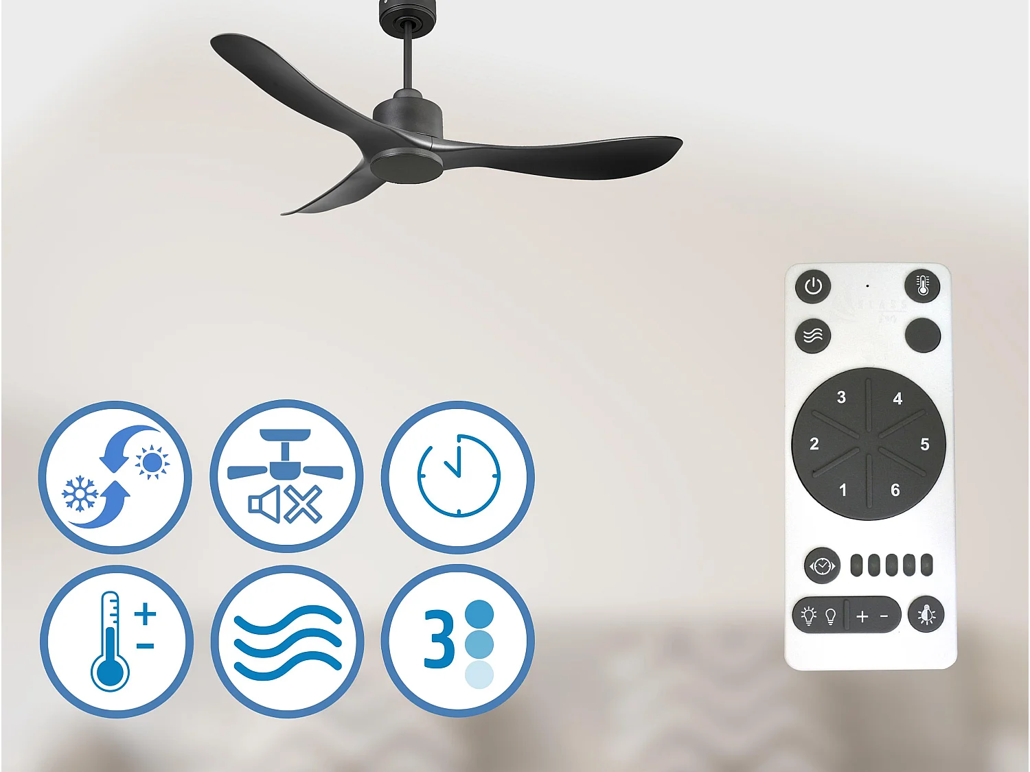 Ventilateur de plafond Réversible  Thermostat Wifi Moteur à courant continu Toits en pente Télécommande Hypersilence Mémoire