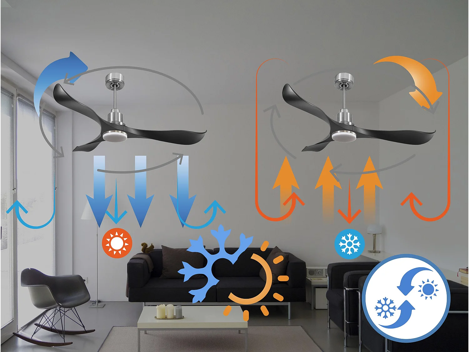 Ventilateur de plafond Réversible  Thermostat Dimmable Wifi Moteur à courant continu Toits en pente Télécommande Lumière à trois tons Adaptateur 2/3 Lames