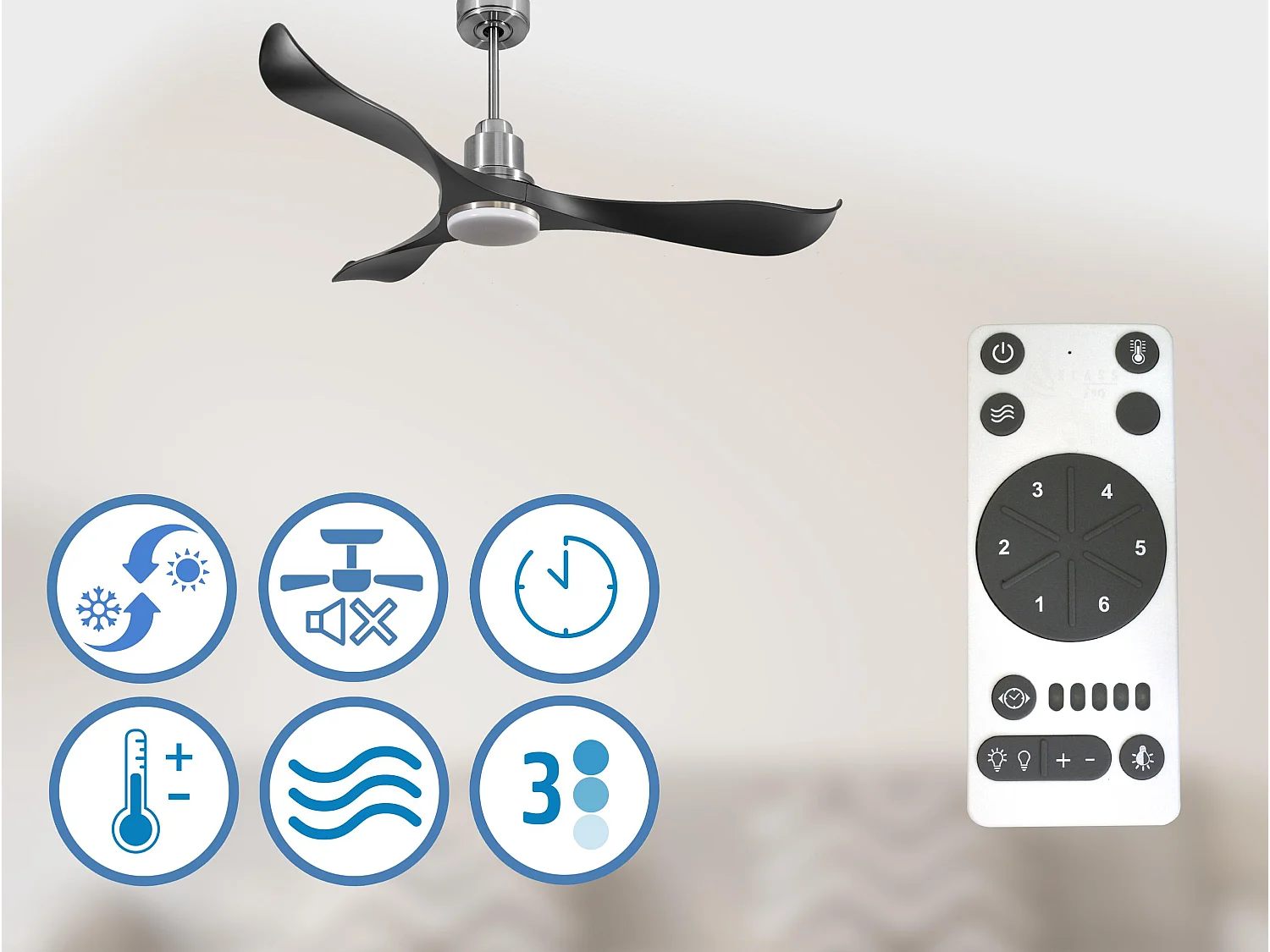 Ventilateur de plafond Réversible  Thermostat Dimmable Wifi Moteur à courant continu Toits en pente Télécommande Lumière à trois tons Adaptateur 2/3 Lames