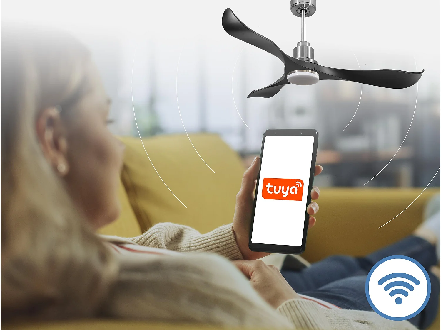 Ventilateur de plafond Réversible  Thermostat Dimmable Wifi Moteur à courant continu Toits en pente Télécommande Lumière à trois tons Adaptateur 2/3 Lames