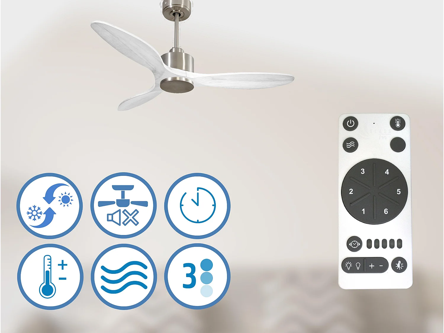 Ventilateur de plafond Réversible  Thermostat Wifi Moteur à courant continu Toits en pente Télécommande Hypersilence Mémoire