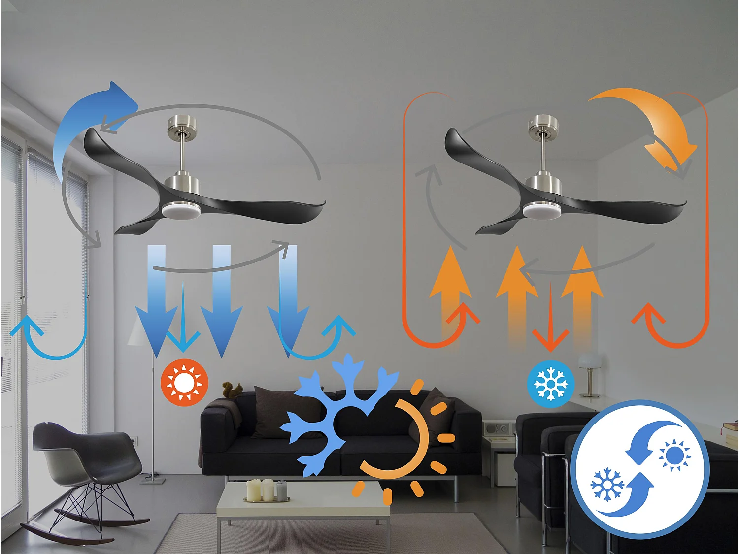 Ventilateur de plafond Réversible  Thermostat Dimmable Wifi Moteur à courant continu Toits en pente Télécommande Lumière à trois tons Adaptateur 2/3 Lames